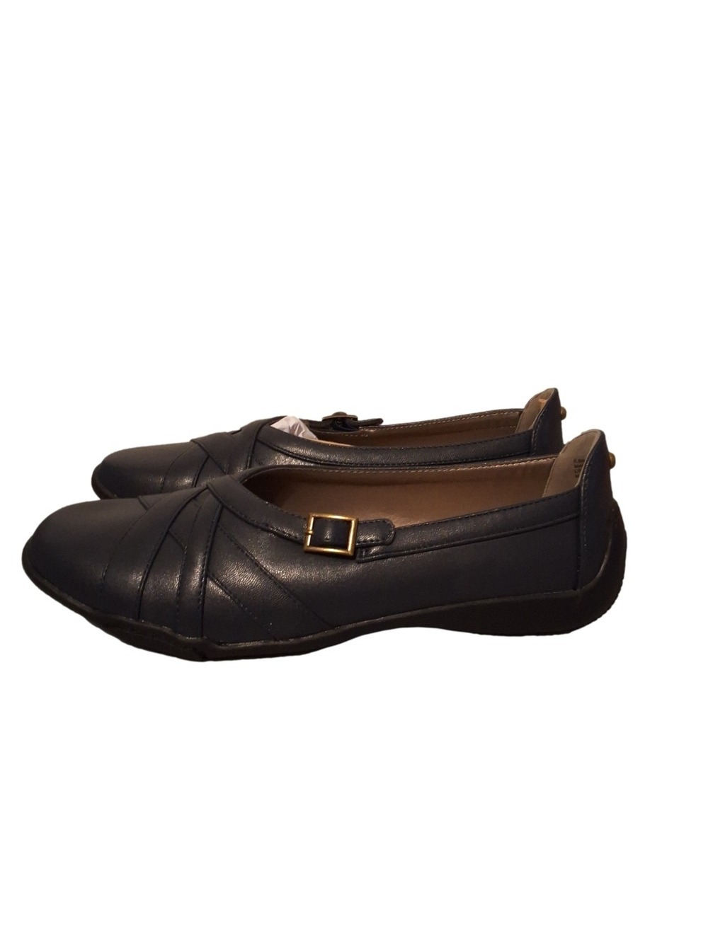 NIB Array Navy Valerie Slip-On Leather Flats with Gold Buckle Size 8.5 Wide
